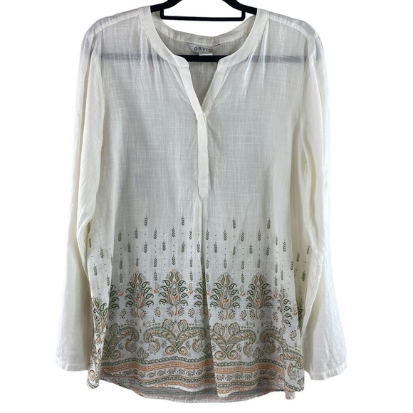Orvis Tunic Women's 100% Cotton Half Button BoHo Print Blouse Sz Large - Picture 1 of 7